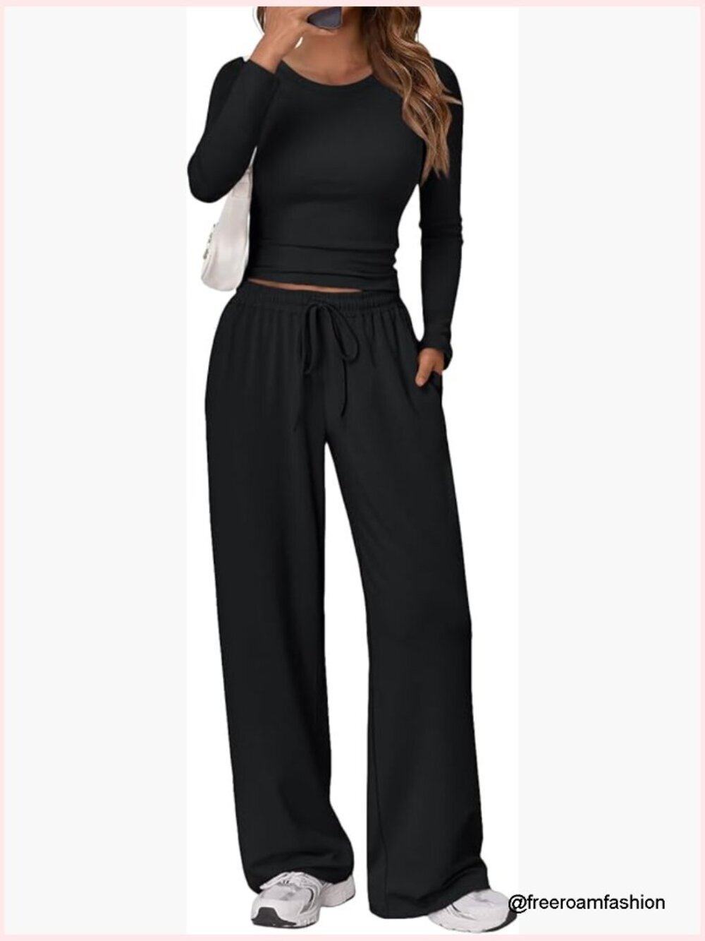 Womens 2 Piece Lounge Set Long Sleeve Side Ruched Top Wide Leg Pants Set